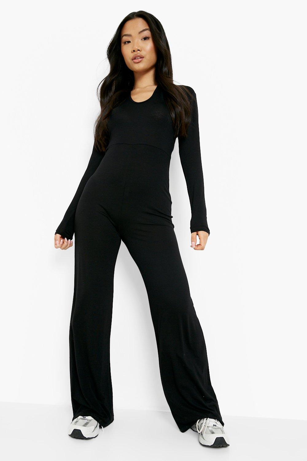 Petite V Neck Long Sleeve Flare Leg Jumpsuit boohoo USA