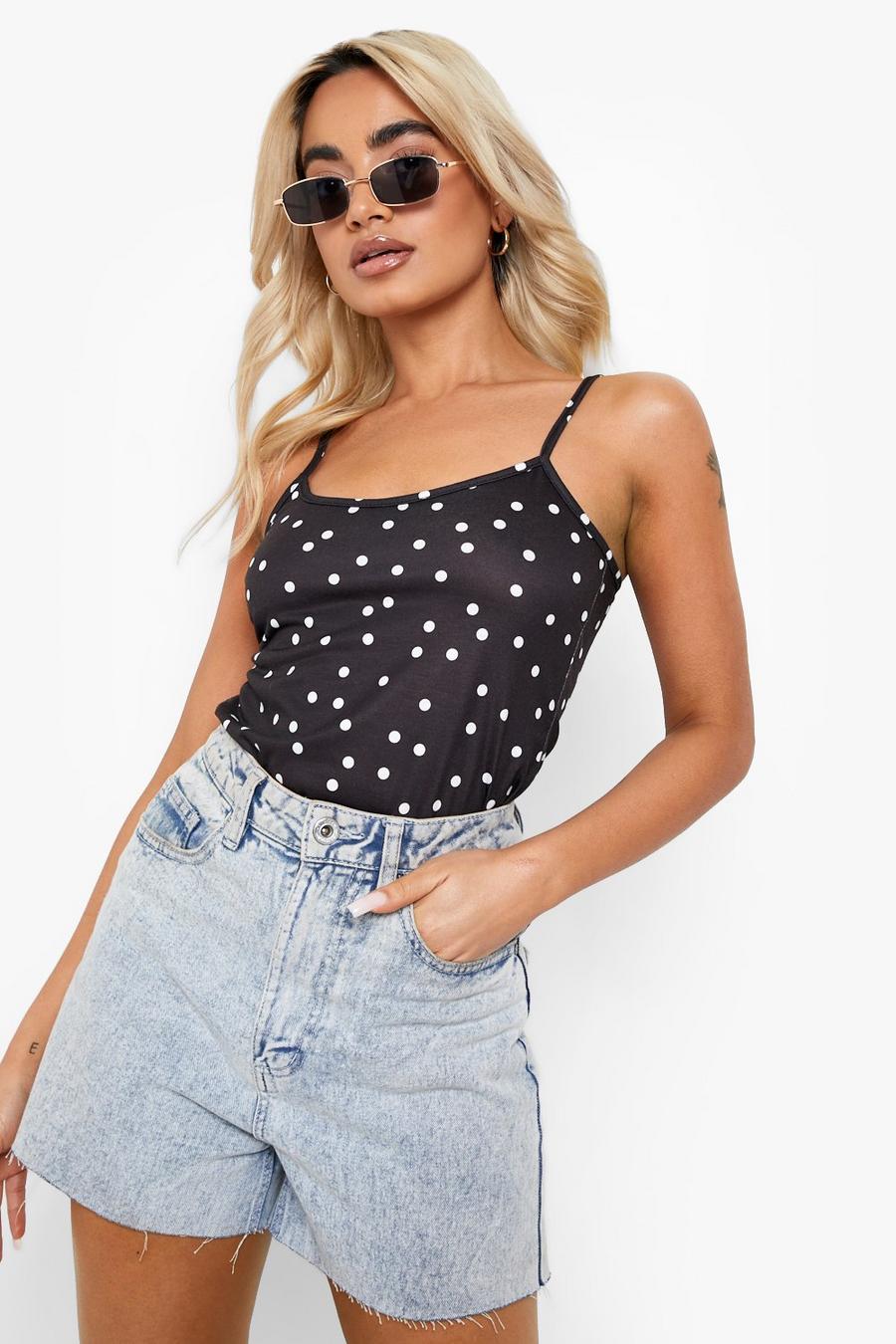 Black Petite Polka Dot Fitted Cami Top image number 1