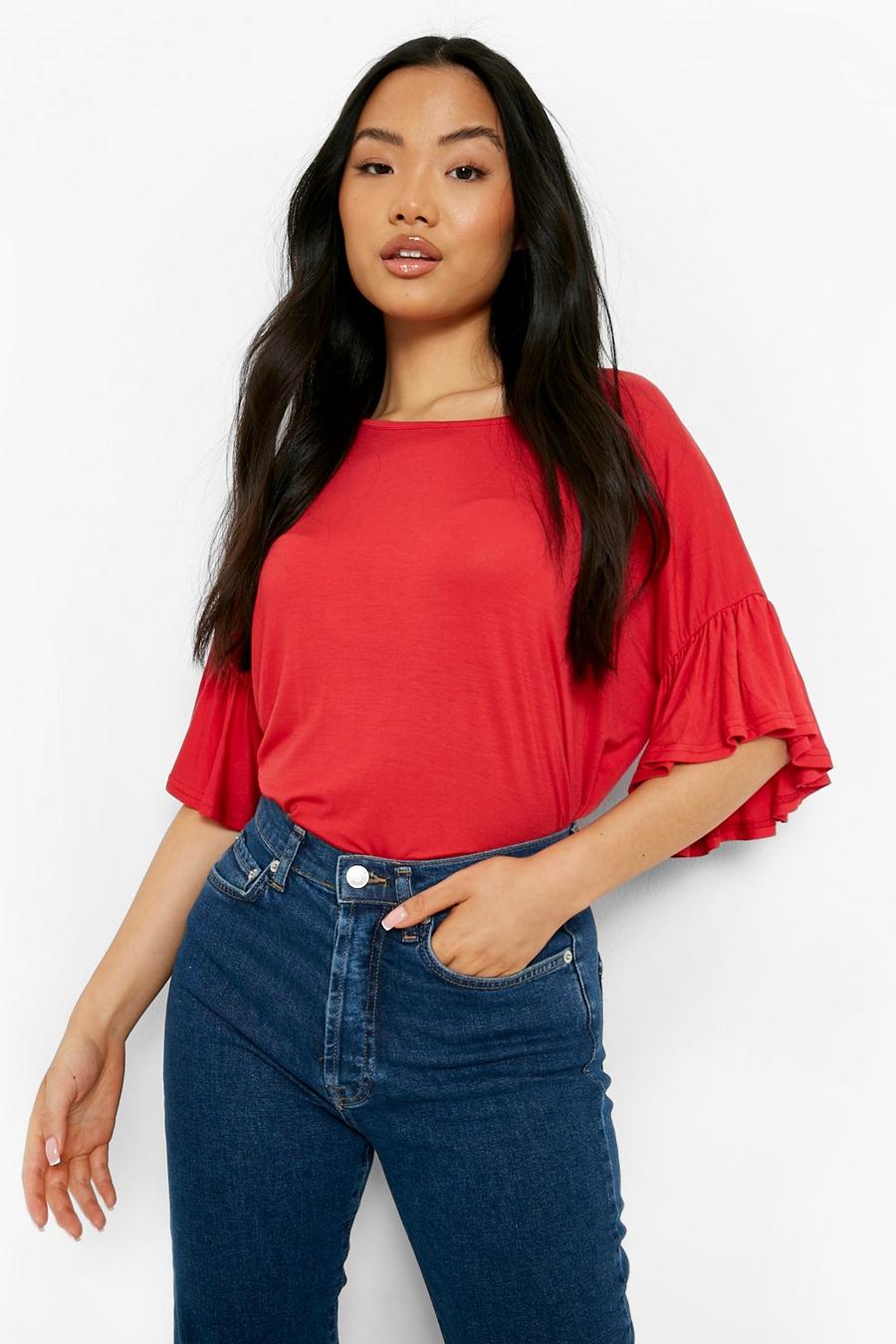 Red Petite Frill Sleeve Boxy Top