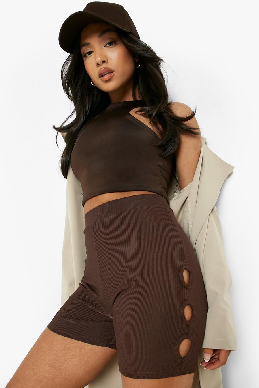 Chocolate Petite Cut Out Detail Rib Cycling Short image number 1
