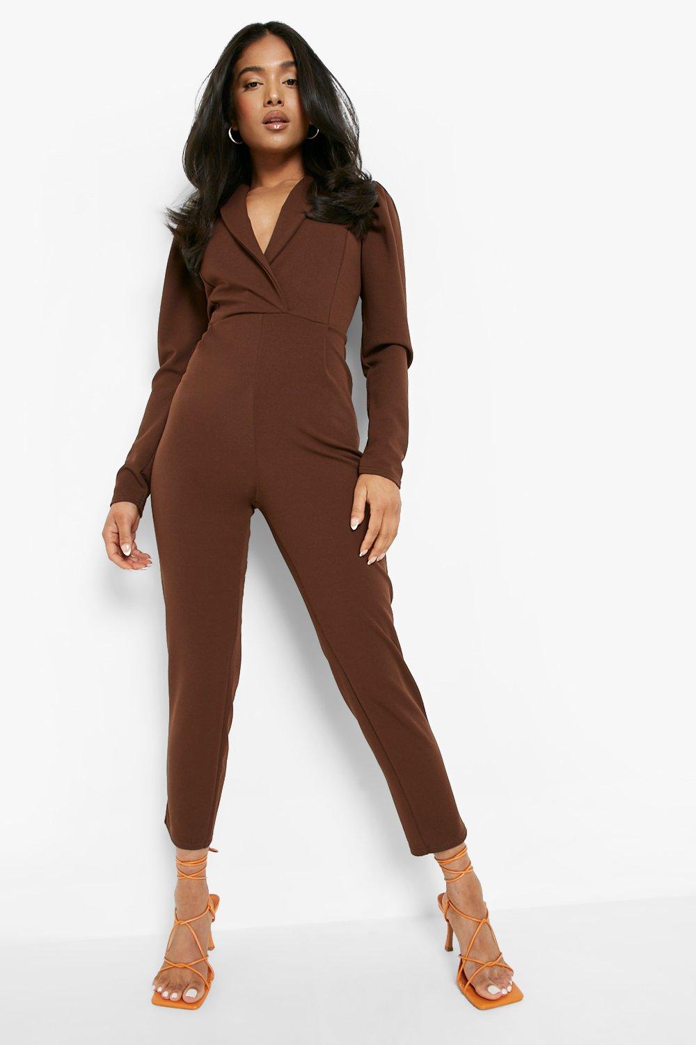 Petite Puff Sleeve Plunge Skinny Jumpsuit