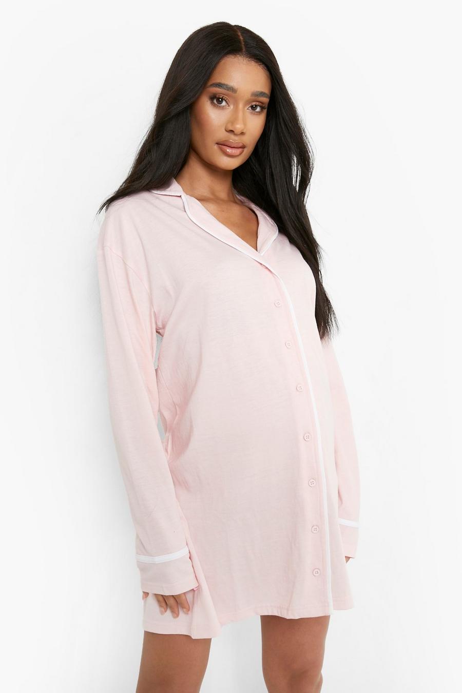 Pink Maternity Pipe Detail Sleep Shirt image number 1