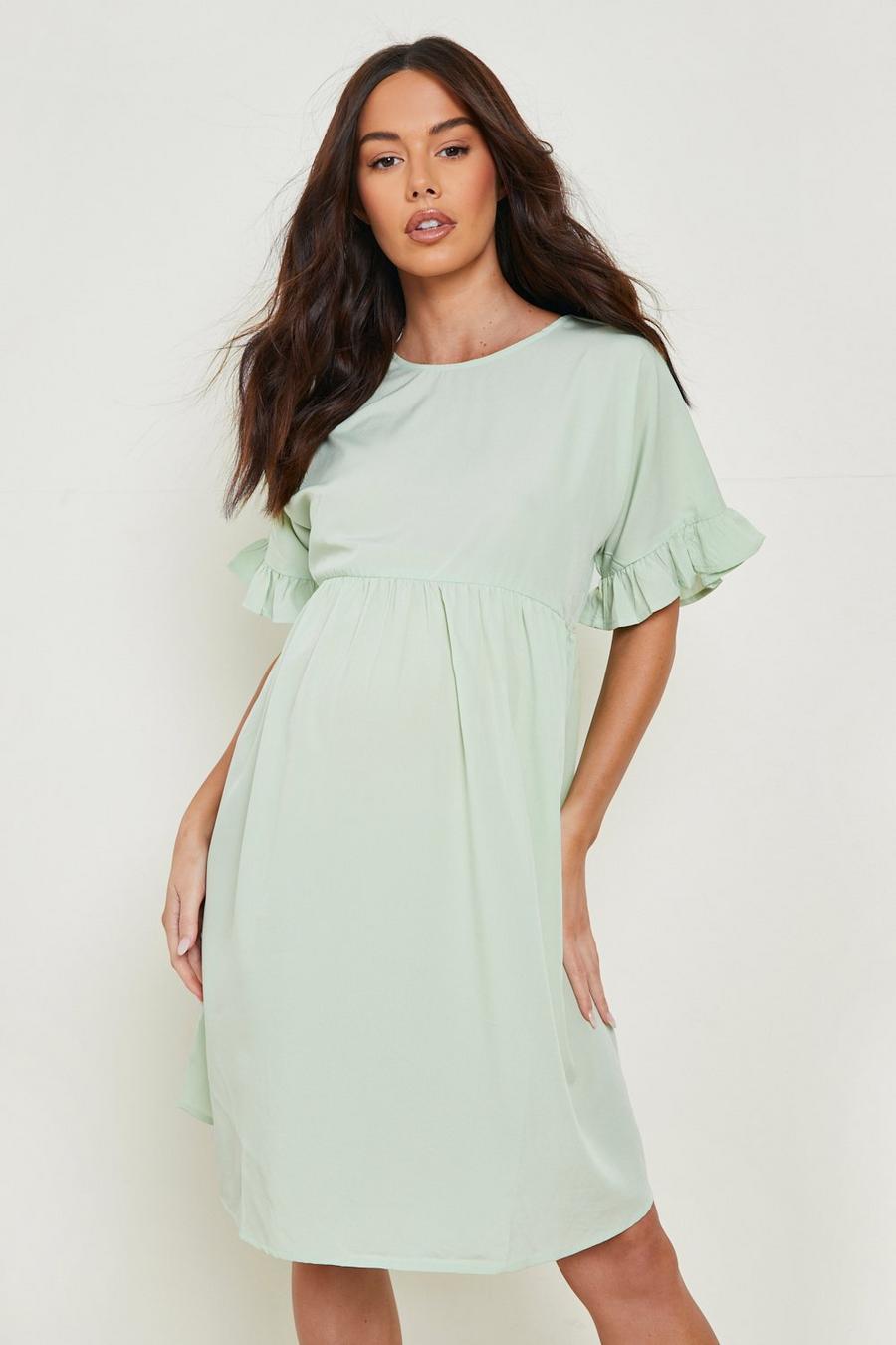 Sage green Maternity Frill Sleeve Smock Dress