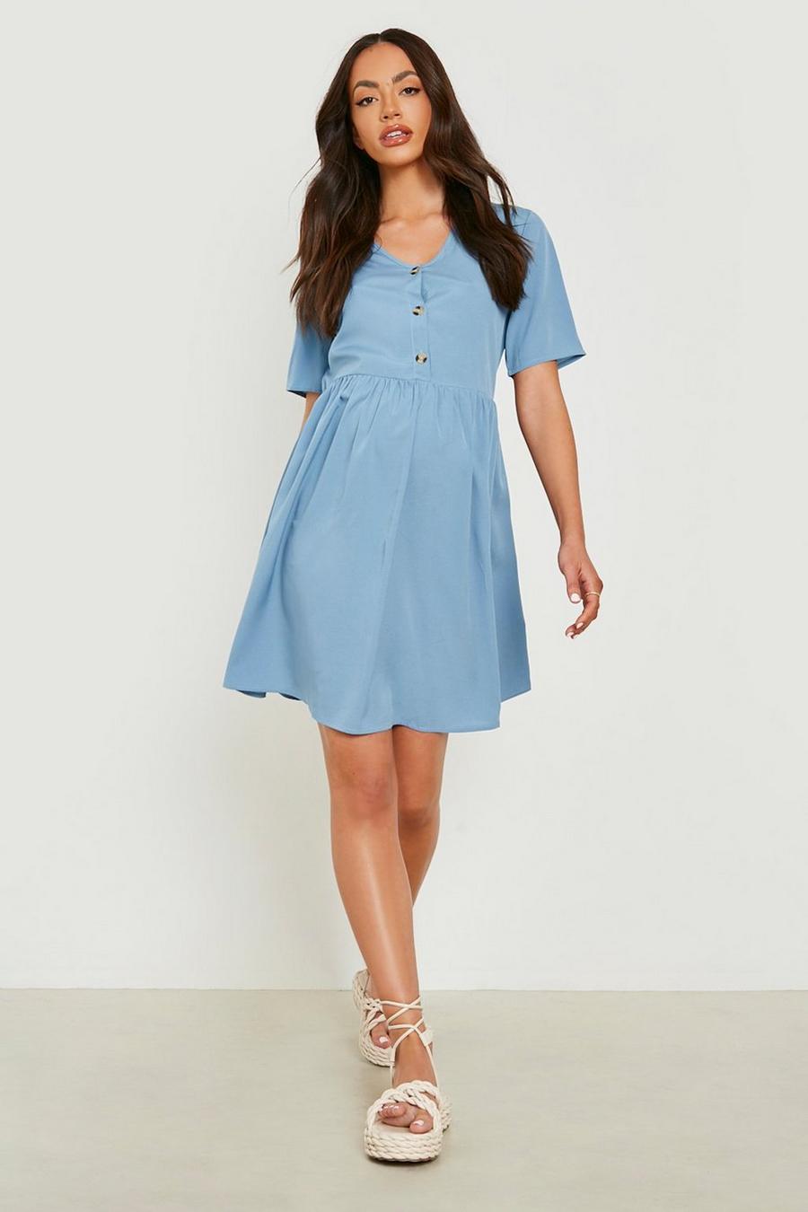 Blue Maternity Button Down Smock Dress image number 1