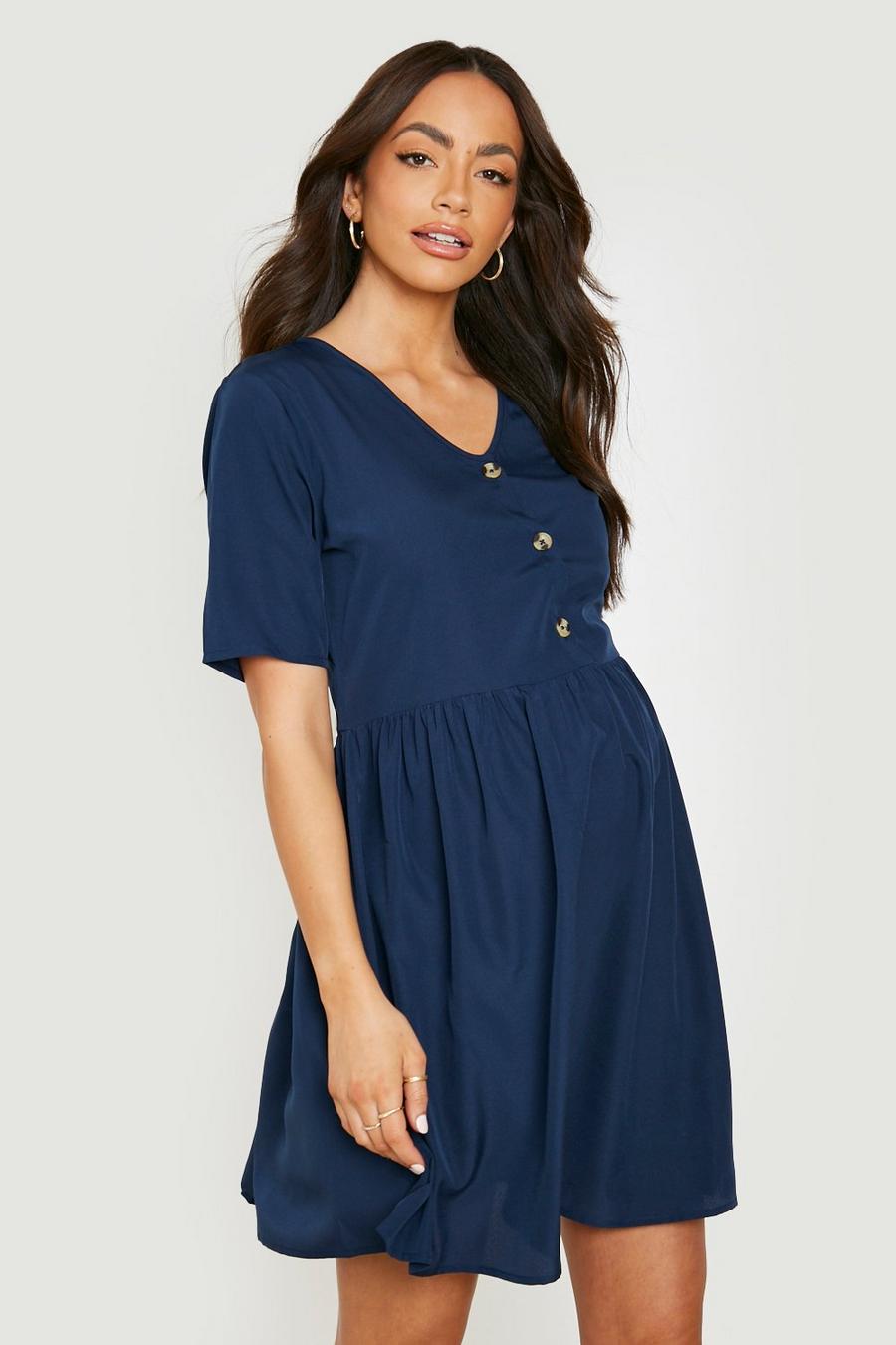 Navy Maternity Button Down Smock Dress image number 1