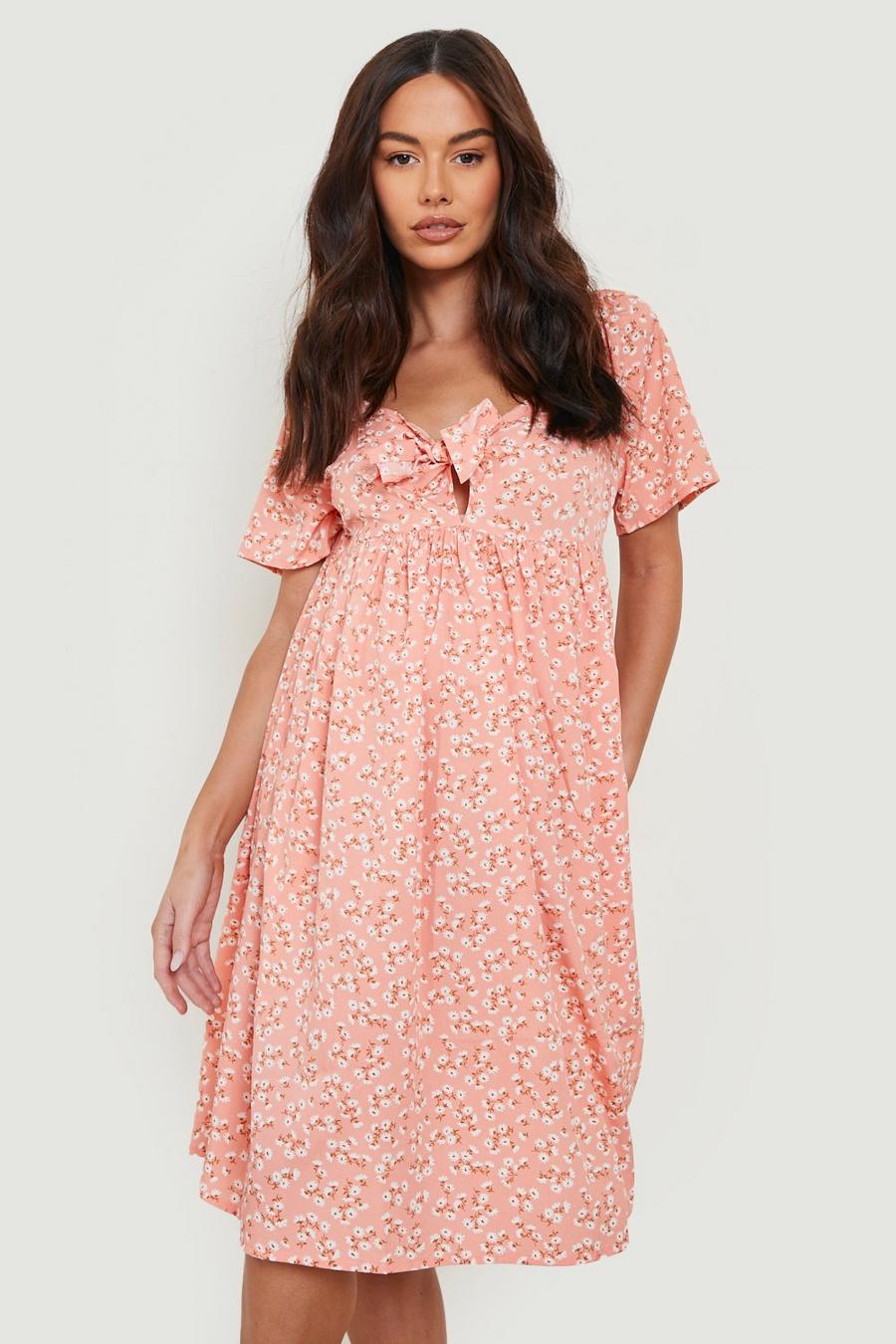 Pink Maternity Floral Tie Front Smock Dress