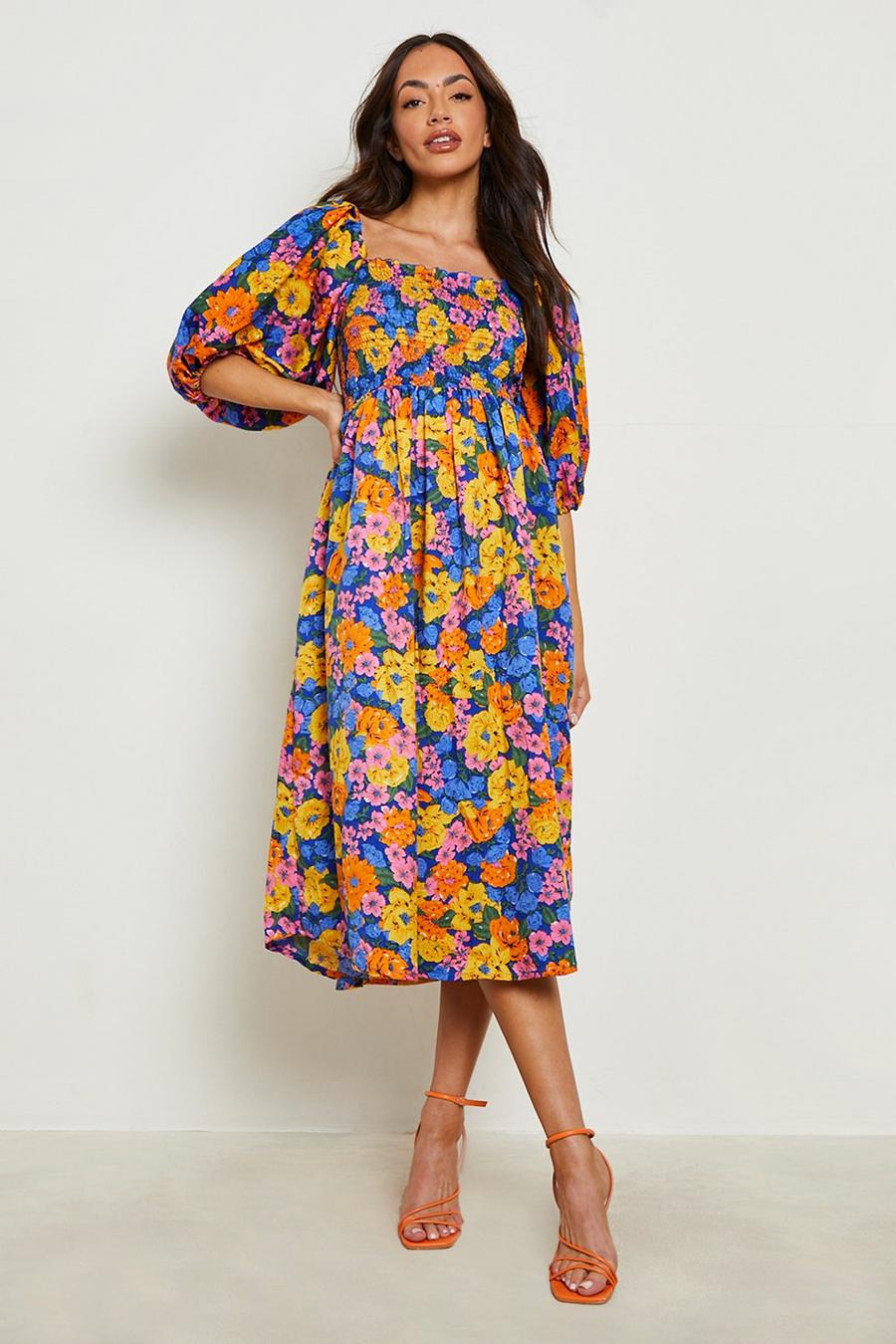 Blue Maternity Floral Puff Sleeve Midi Dress image number 1