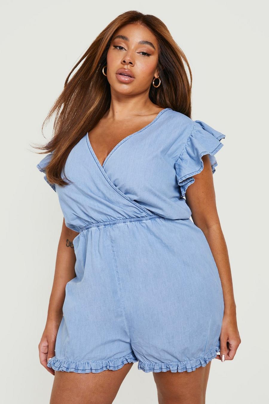 Mid blue bleu Plus Losse Chambray Wikkel Playsuit Met Ruches image number 1