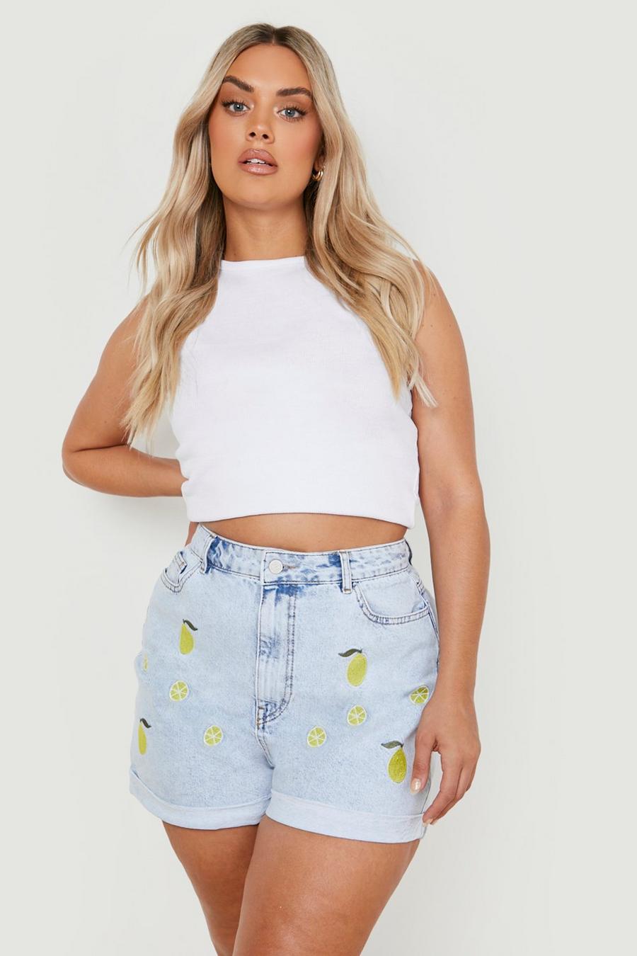 Pantaloncini Mom Plus Size in denim con ricamo di limone, Mid blue image number 1