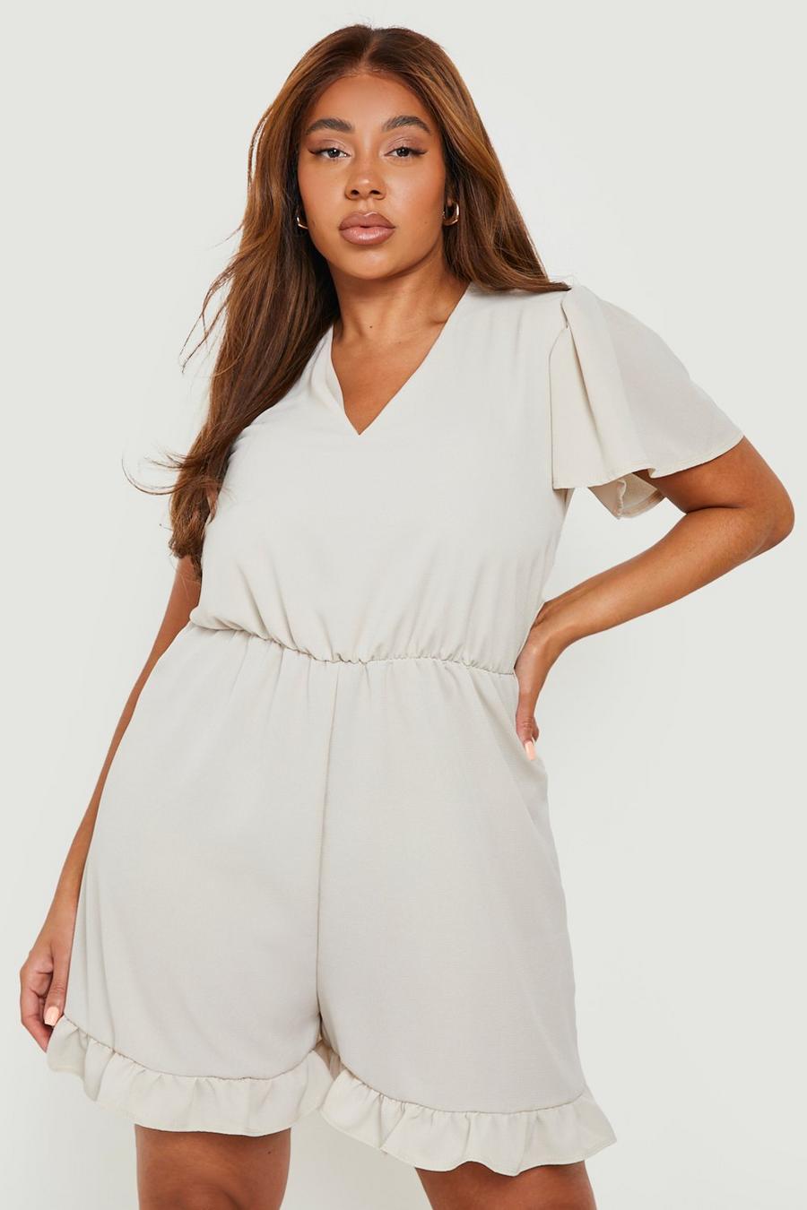 Stone beis Plus Woven Plunge Frill Detail Playsuit