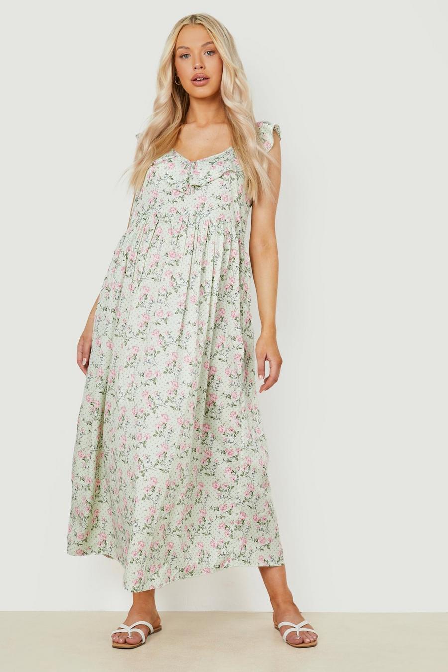 Sage green Maternity Floral Frill Maxi Dress