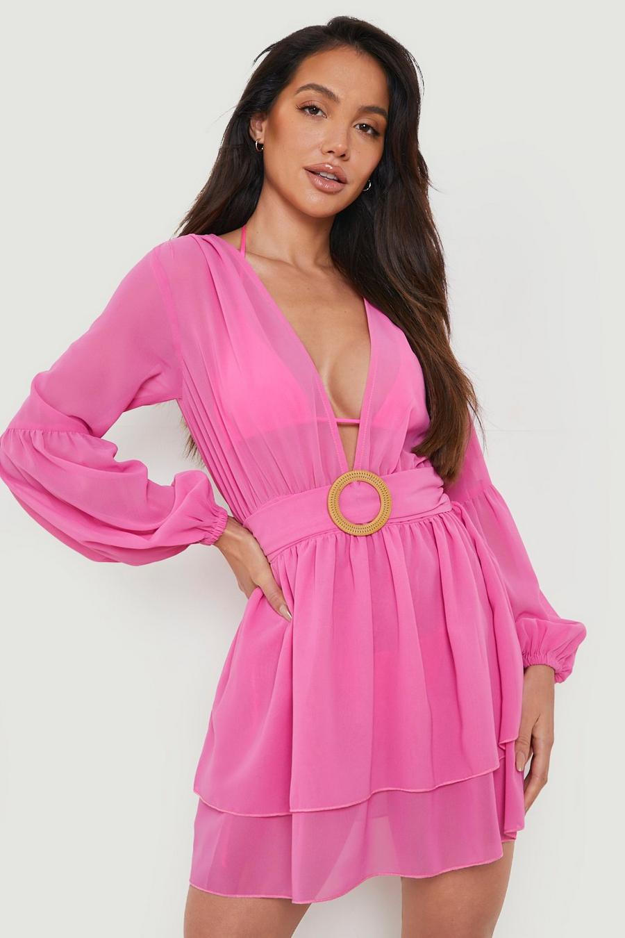 Bright pink Ring Belt Plunge Beach Dress image number 1