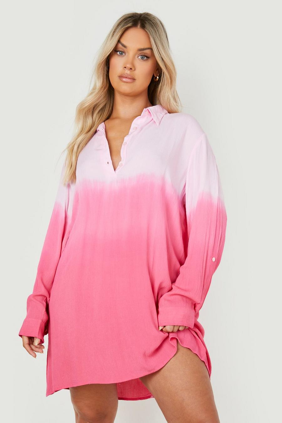 Camicia da mare Plus Size sfumata effetto crespo, Pink image number 1