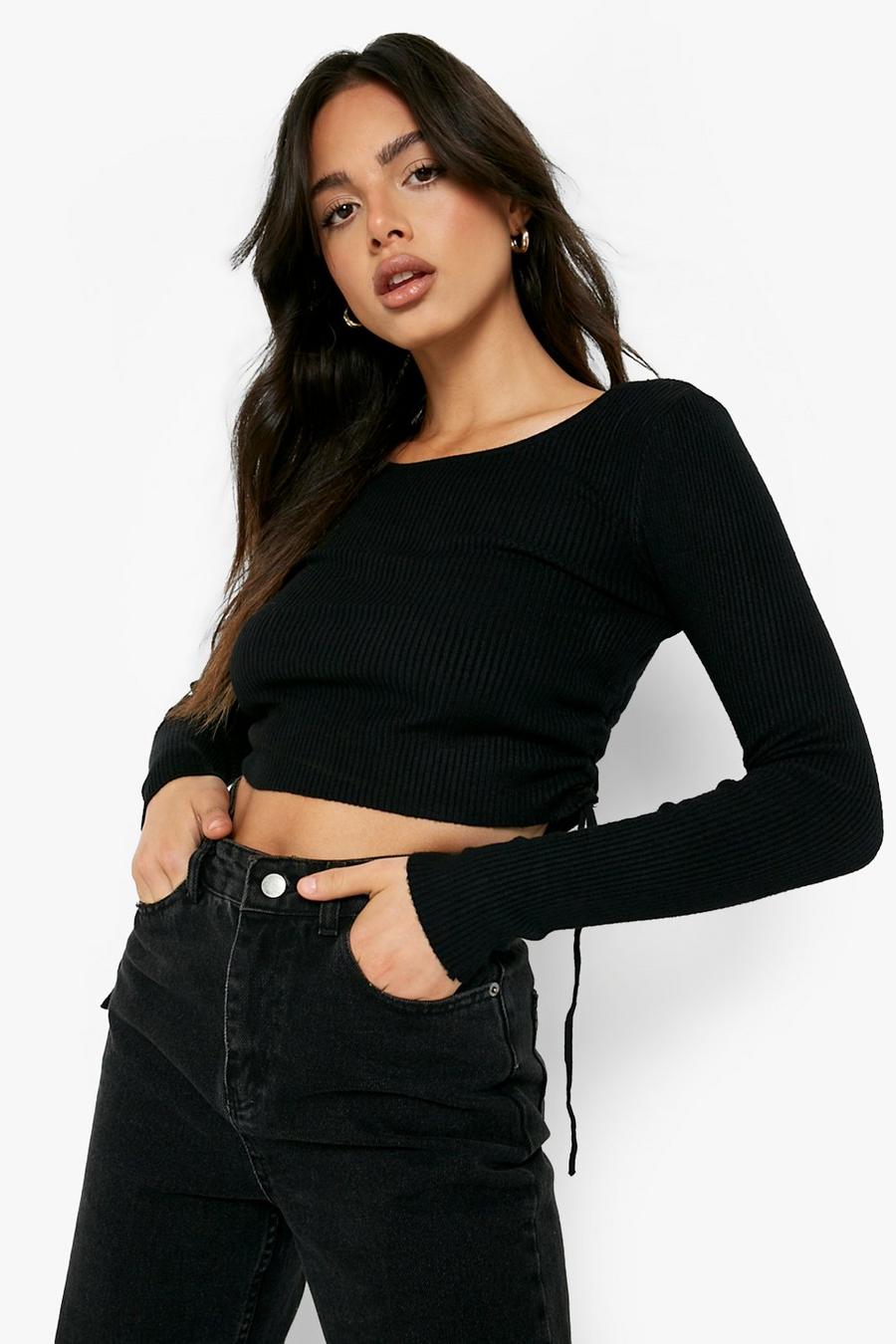 Black Ruched Rib Knitted Jumper