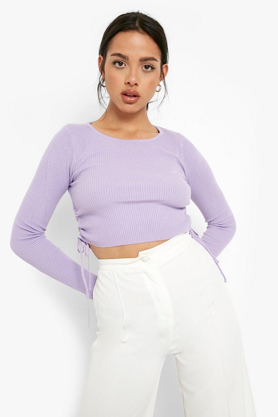 Gerippter Pullover mit Raffung, Lilac image number 1