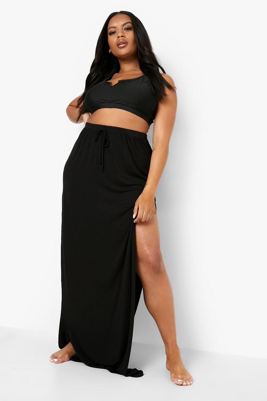 Black Plus Jersey Split Leg Beach Maxi Skirt image number 1