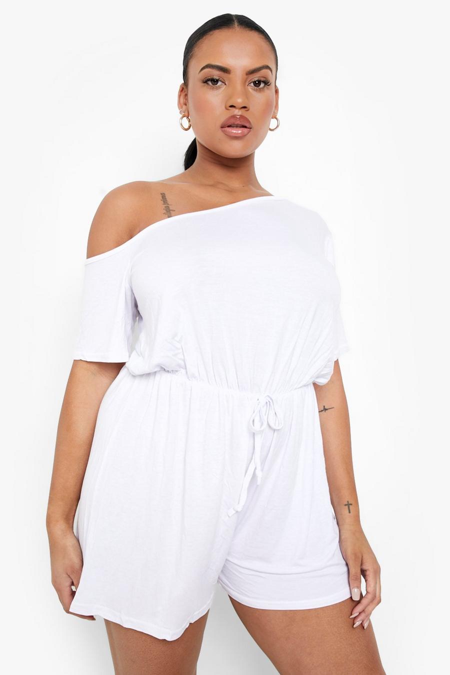 White Plus Asymmetrische Jersey Strand Playsuit image number 1