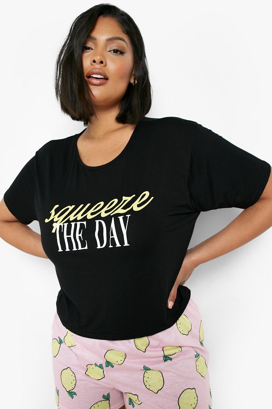 Set pigiama corto Plus Size con scritta Squeeze The Day, Black negro