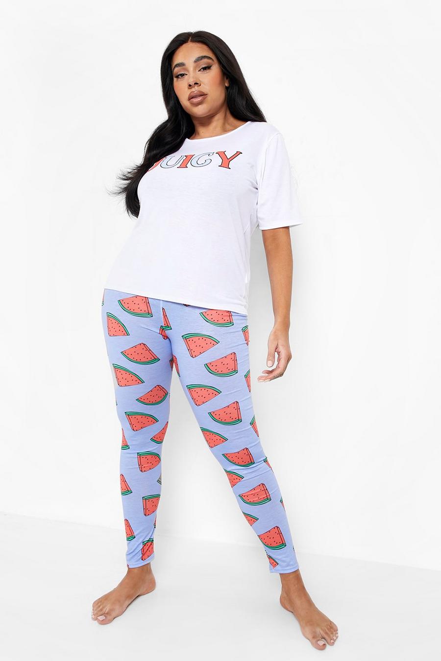 White Plus 'Juicy' Slogan Watermelon Graphic T-Shirt & Pants Pajama Set image number 1