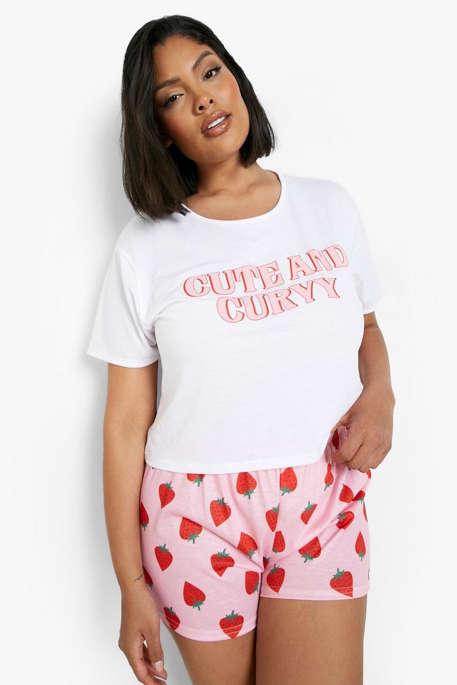 Set pigiama corto Plus Size con scritta Cute And Curvy, White bianco