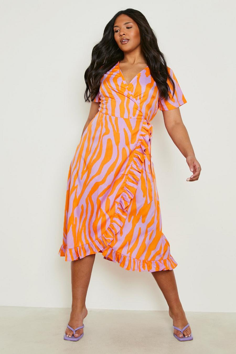 Orange Plus Tiger Print Wrap Midi Dress image number 1