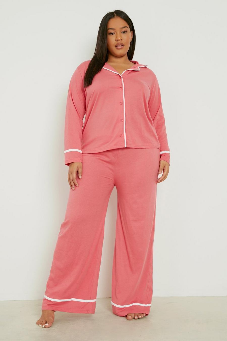 Set pigiama Plus Size a maniche lunghe in jersey con bottoni, Hot pink rosa