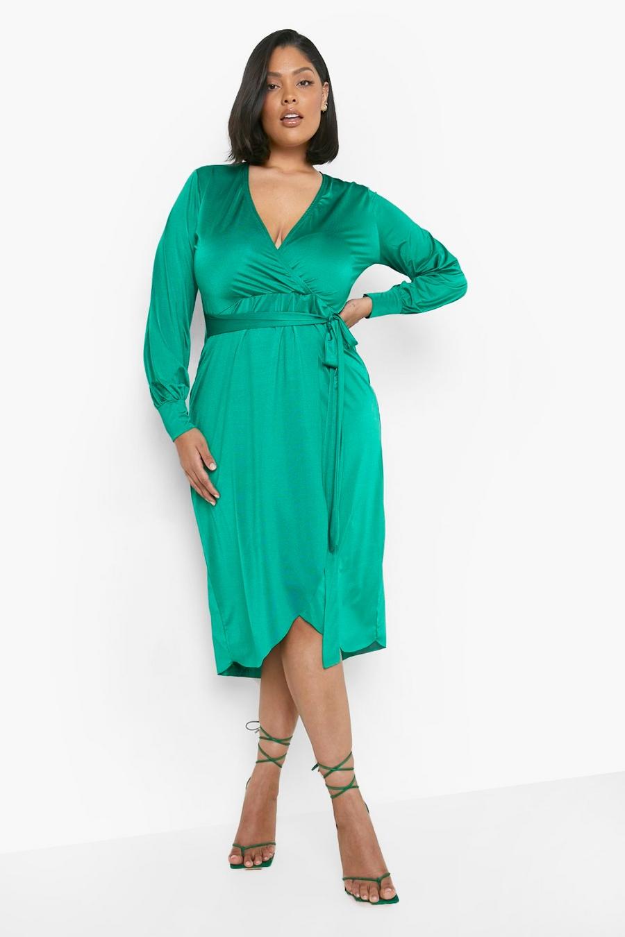 Green Plus Disco Slinky Belted Wrap Midi Dress