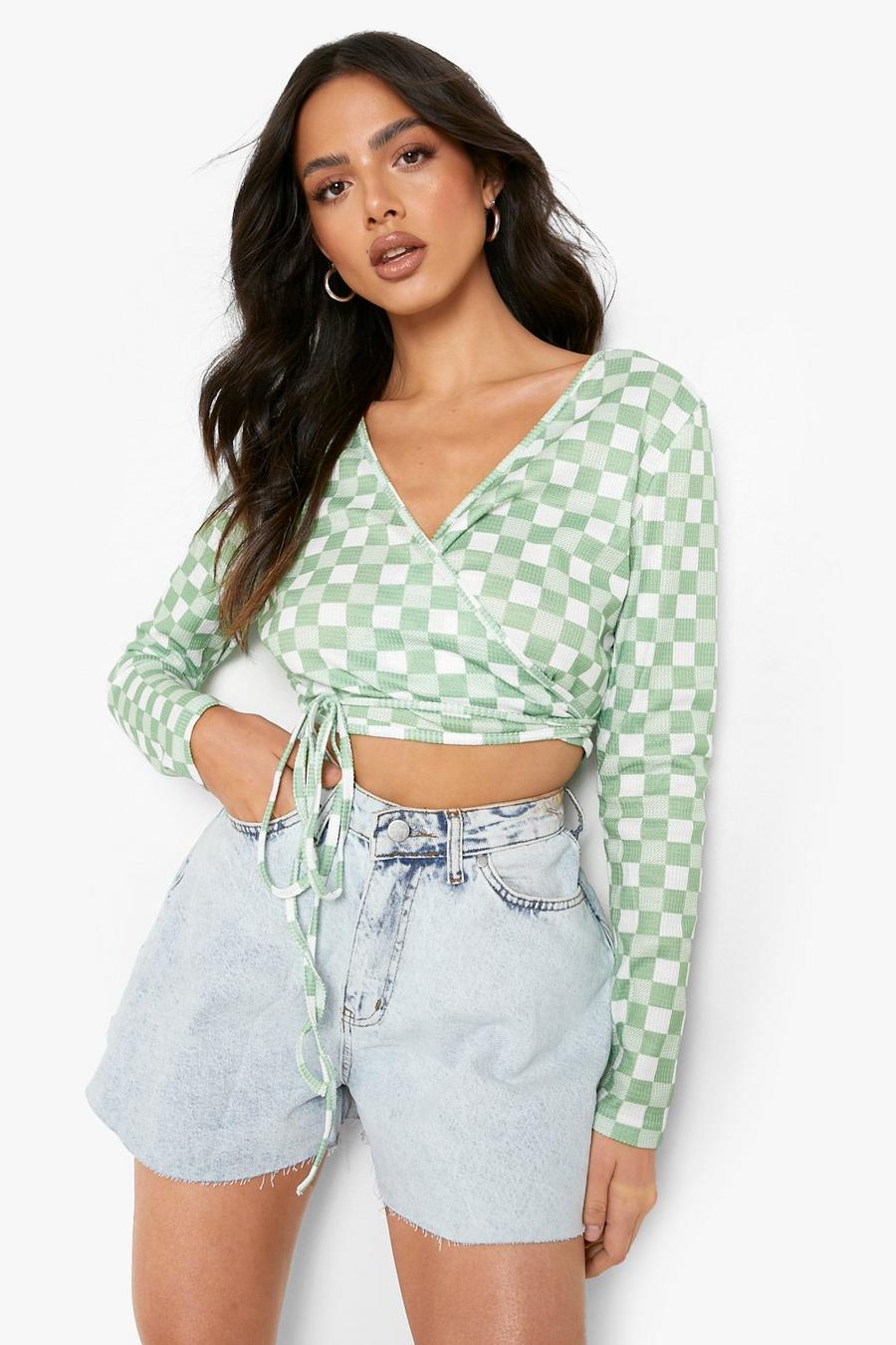 Green Checkered Wrap Top image number 1