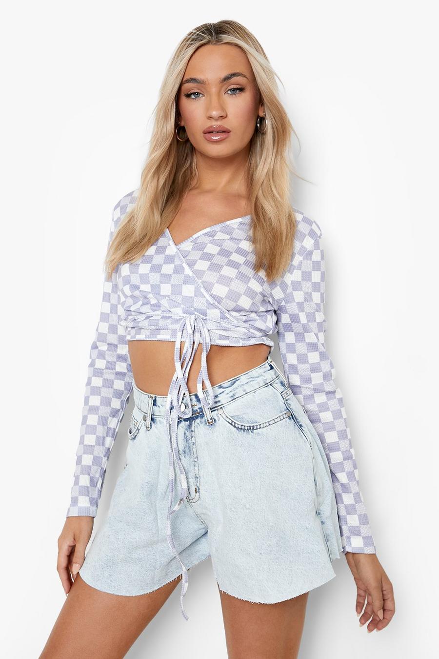 Lilac Checkered Wrap Top image number 1