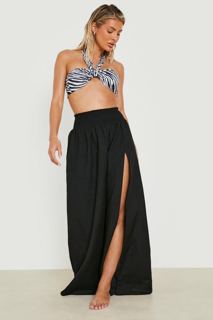Black Linen Look Shirred Split Maxi Beach Skirt