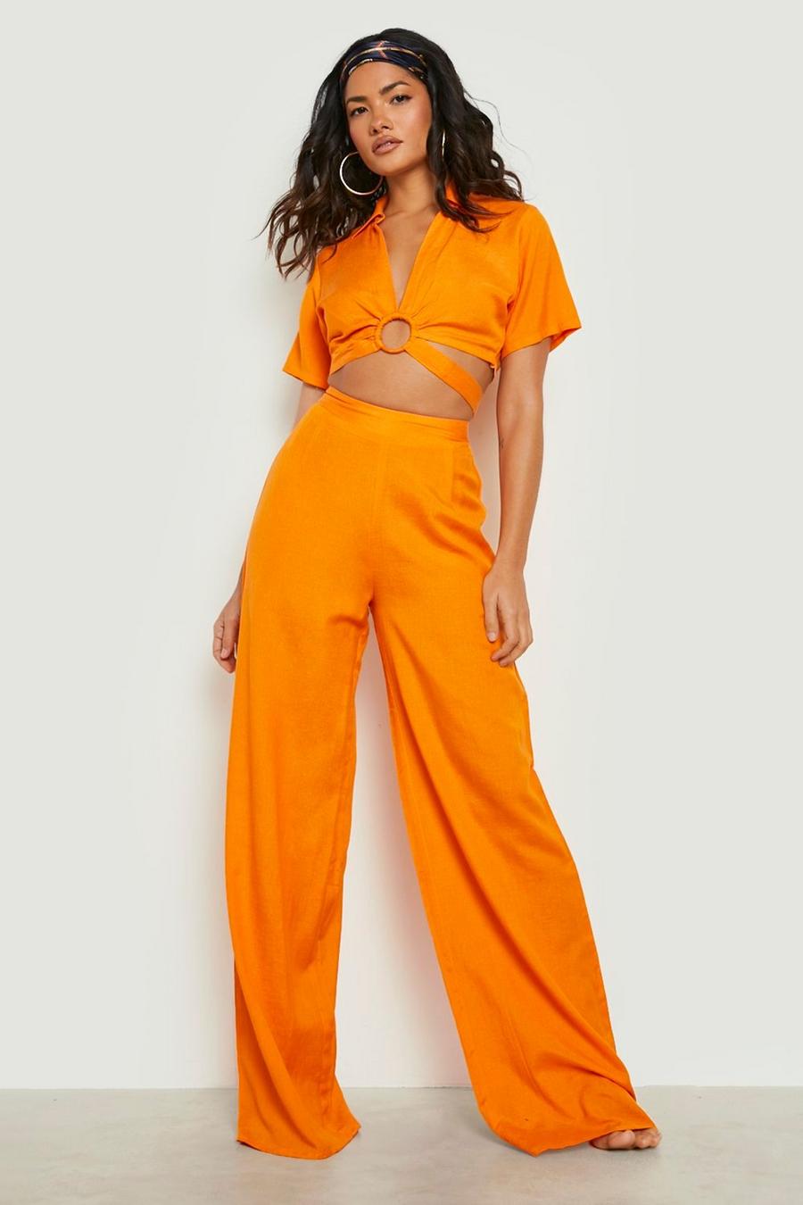 Orange Linen Wide Leg Beach Pants image number 1