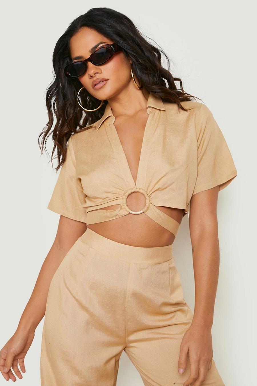 Sand Linen O-ring Collar Beach Top image number 1