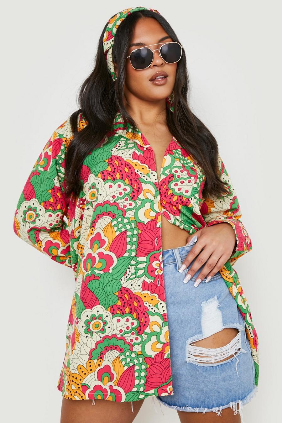 Green Plus Printed Oversized Shirt & Headscarf image number 1