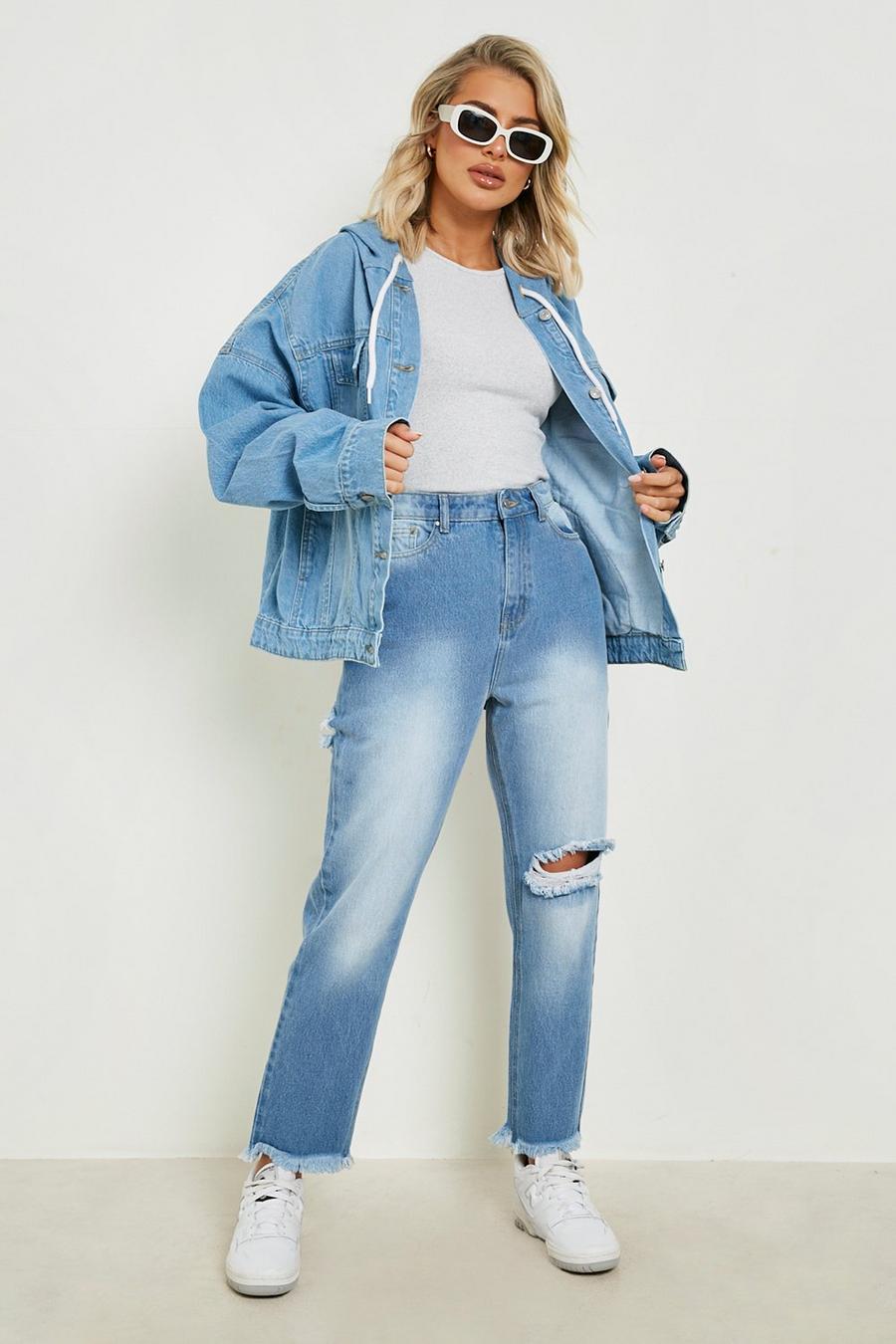 Jeans Mom a vita alta effetto smagliato con fondo sfilacciato, Mid wash azzurro