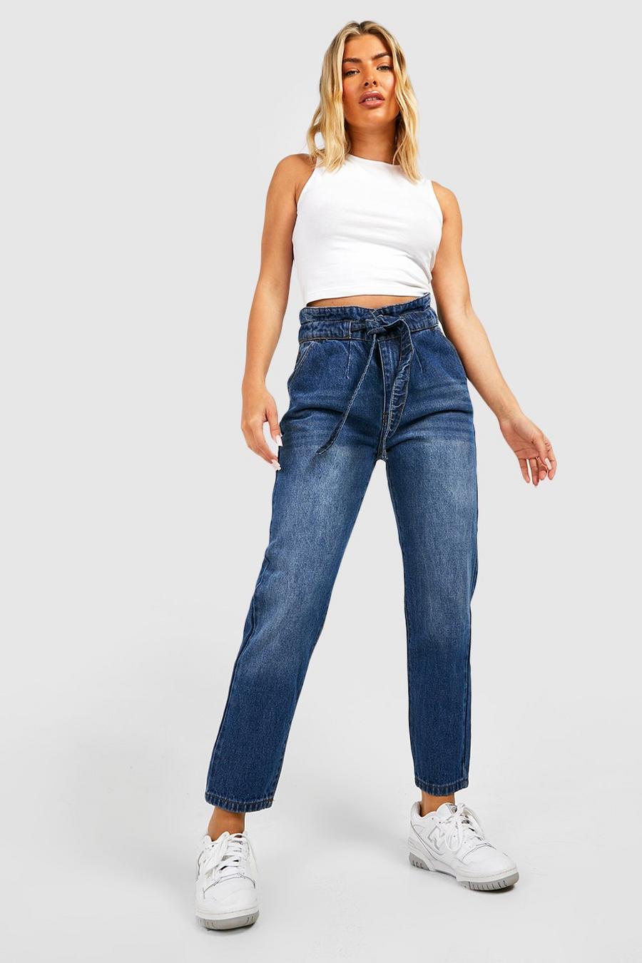 Mom-Jeans mit hohem Bund und Gürtel, Mid wash bleu