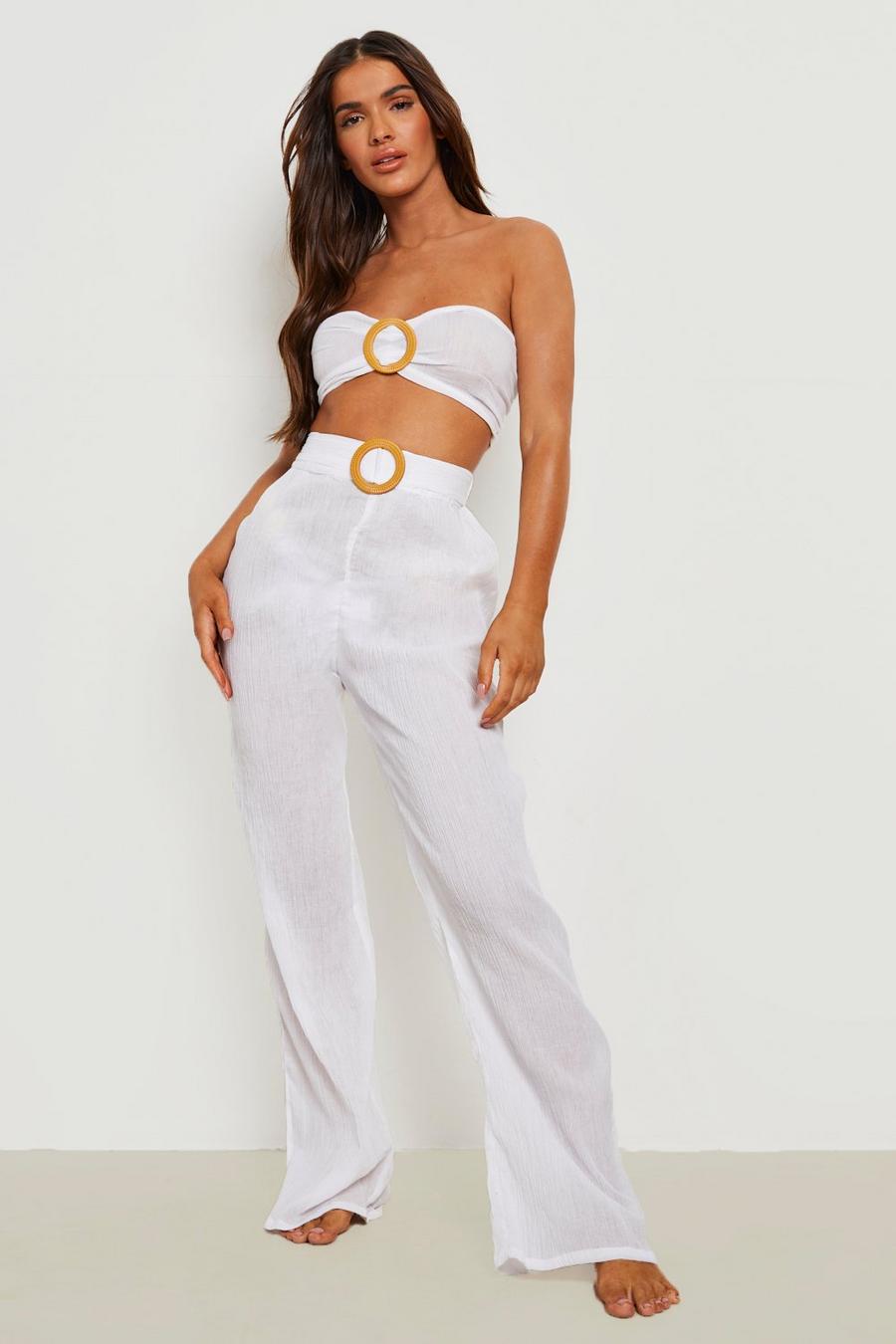 White Raffia Buckle Cheesecloth Beach Pants image number 1