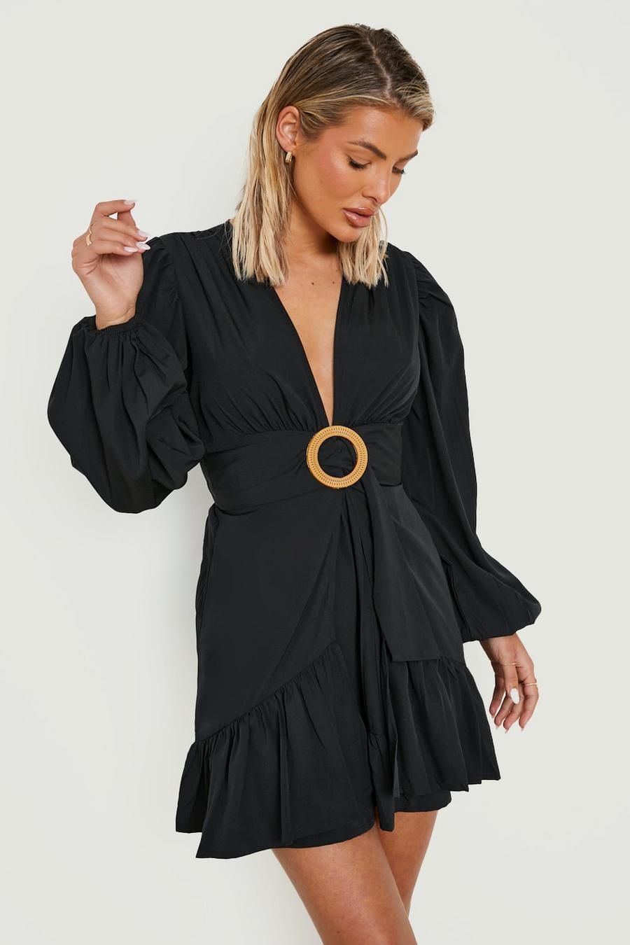 Black שמלת חוף סקייטר עם חגורה ואבזם ראפיה