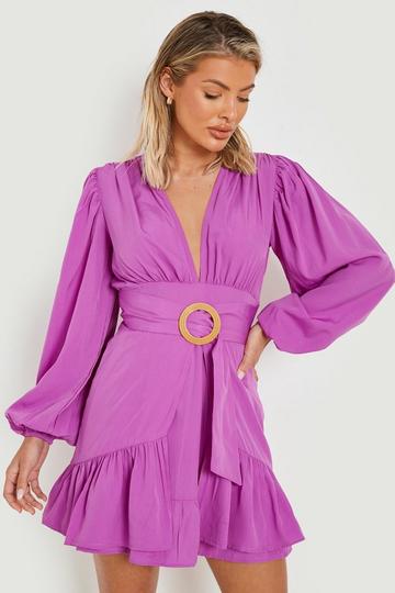 Purple Raffia Buckle Belted Skater Beach Dress