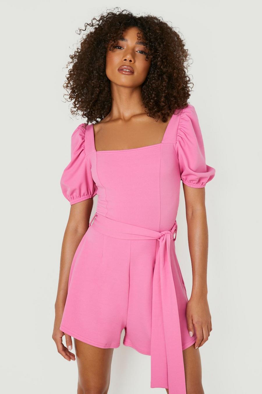 Pink Tall Puff Sleeve Belted Romper image number 1