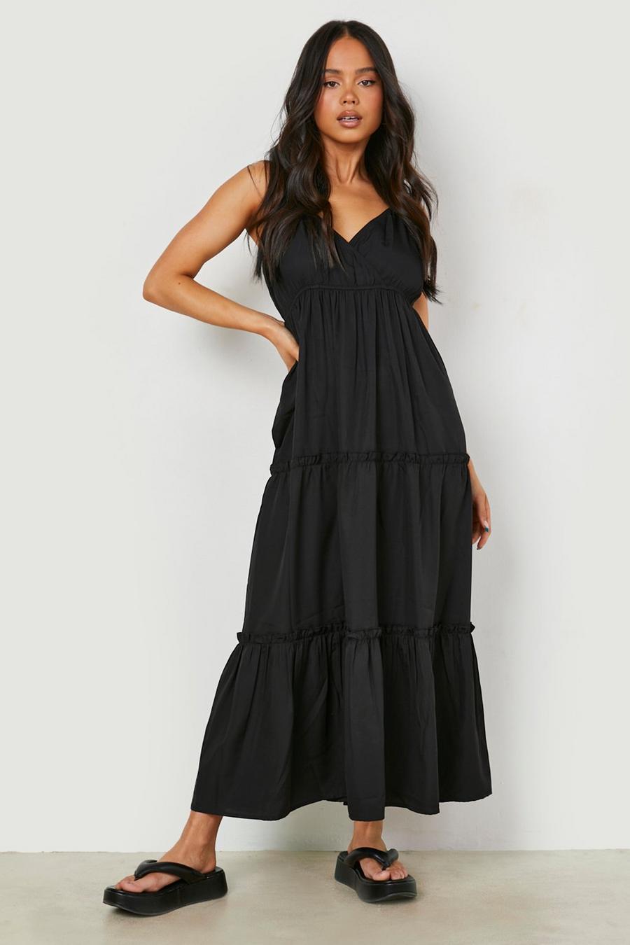 Black Petite Woven Wrap Tiered Maxi Dress 