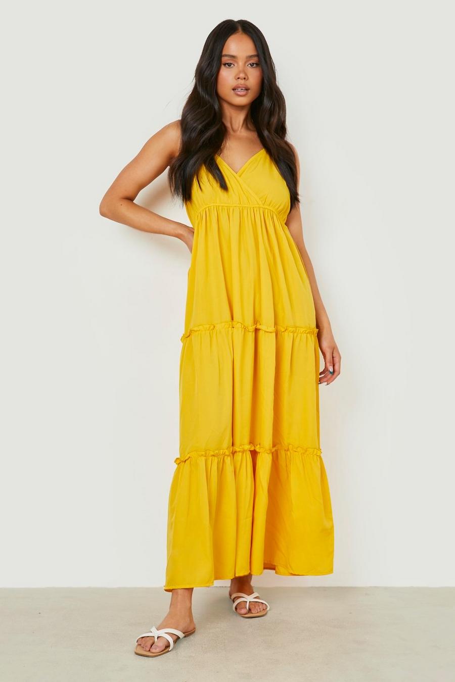 Mustard yellow Petite Woven Wrap Tiered Maxi Dress