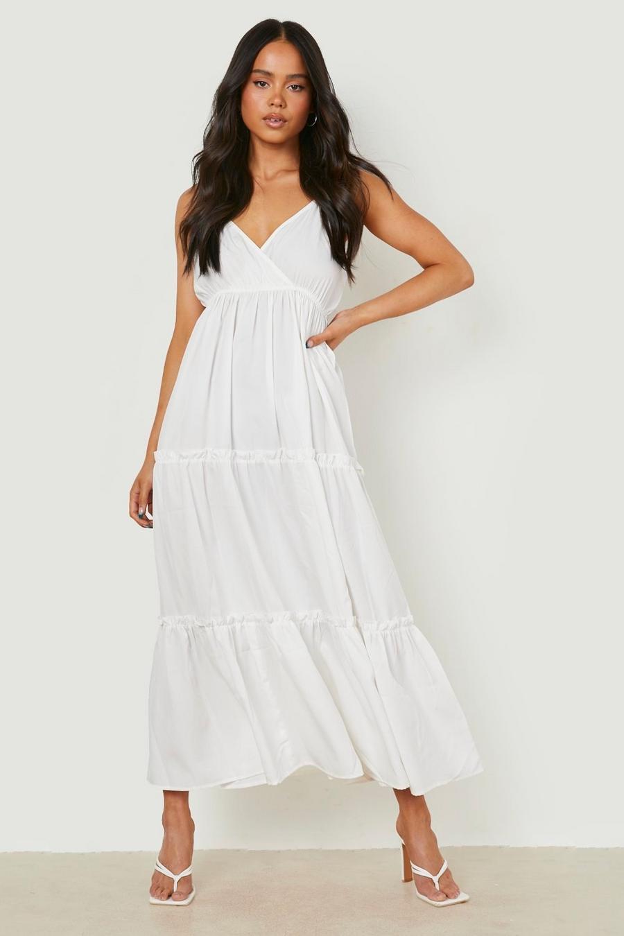 White Petite Woven Wrap Tiered Maxi Dress 
