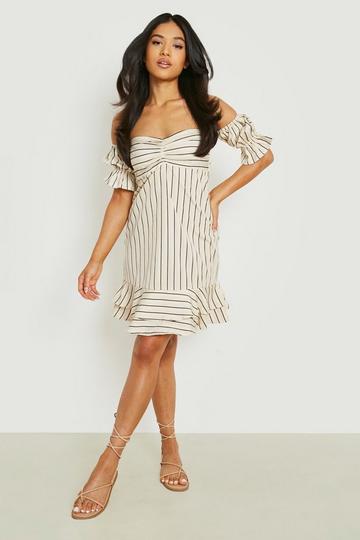 White Petite Stripe Gathered Detail Off The Shoulder Dress