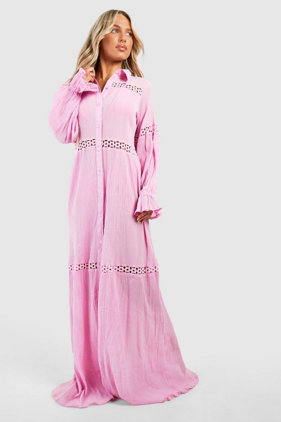 Pink שמלת חוף מקסי מבד כותנה אוורירי עם רקמת פרנזים