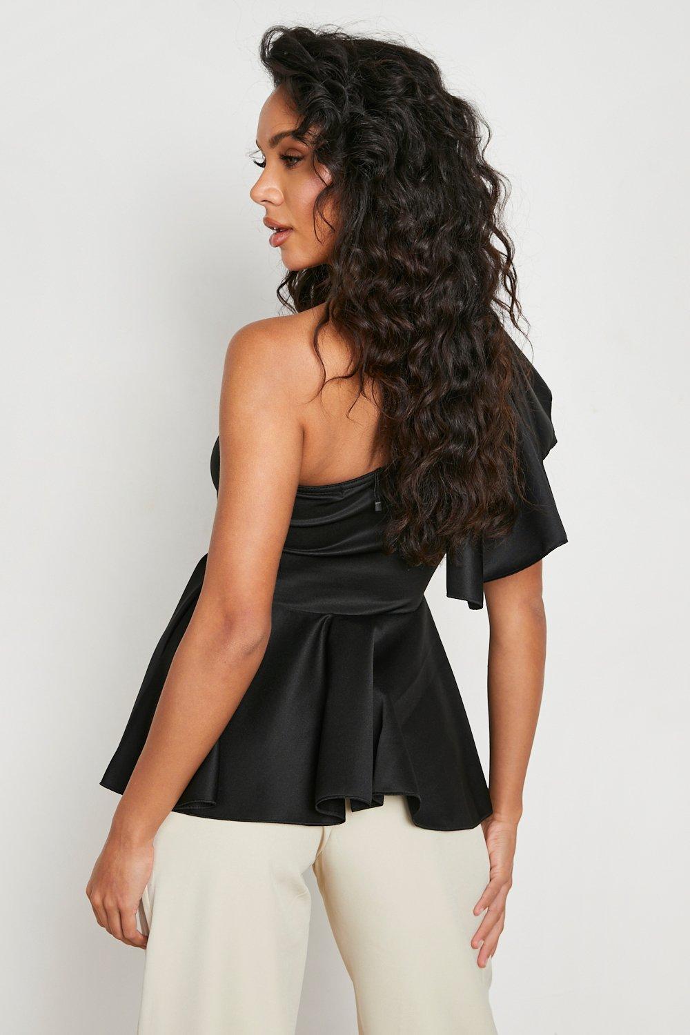 Black One Shoulder Frill Peplum Top