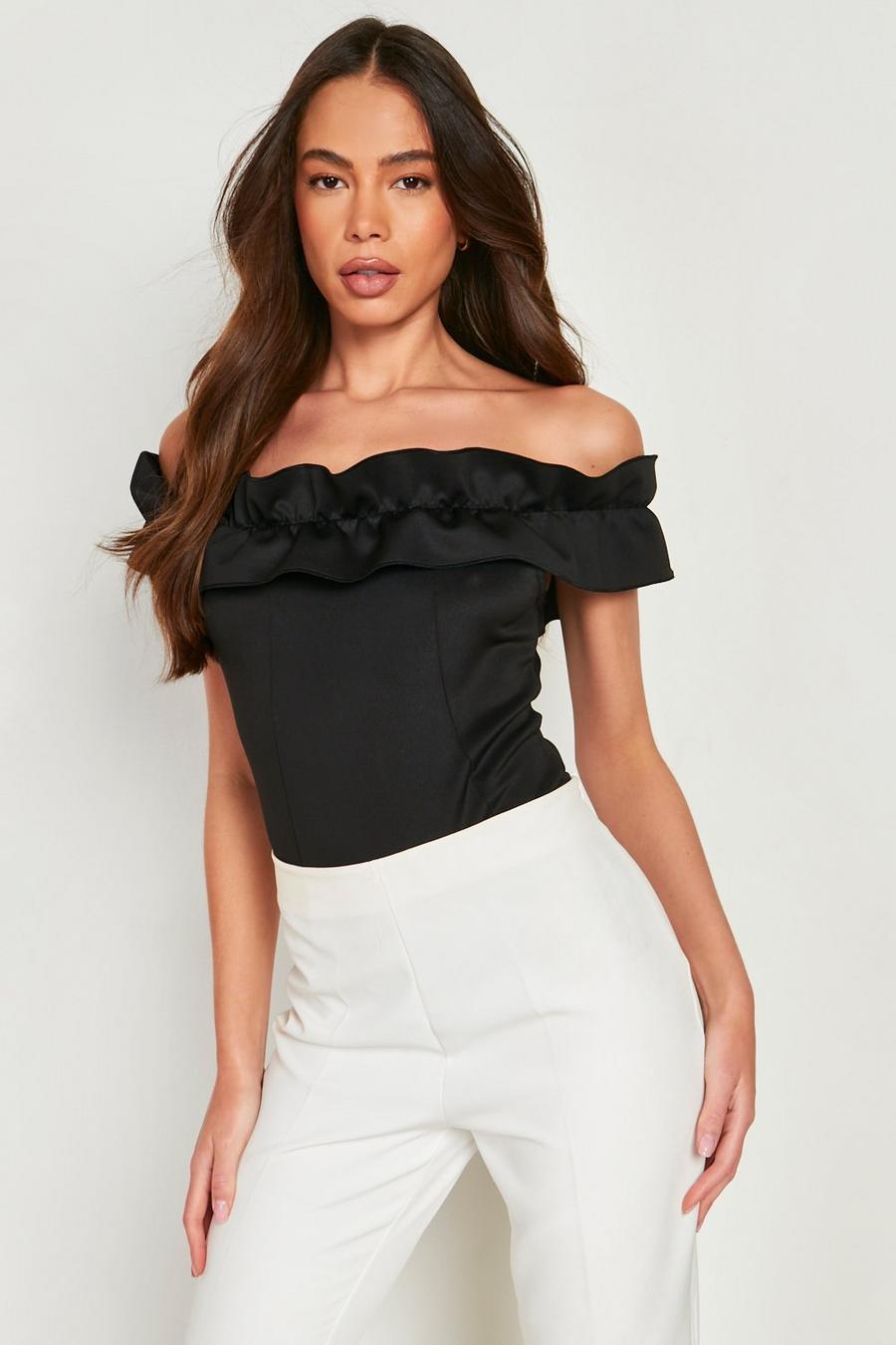 Black Ruffle Scuba Off The Shoulder Bodysuit image number 1