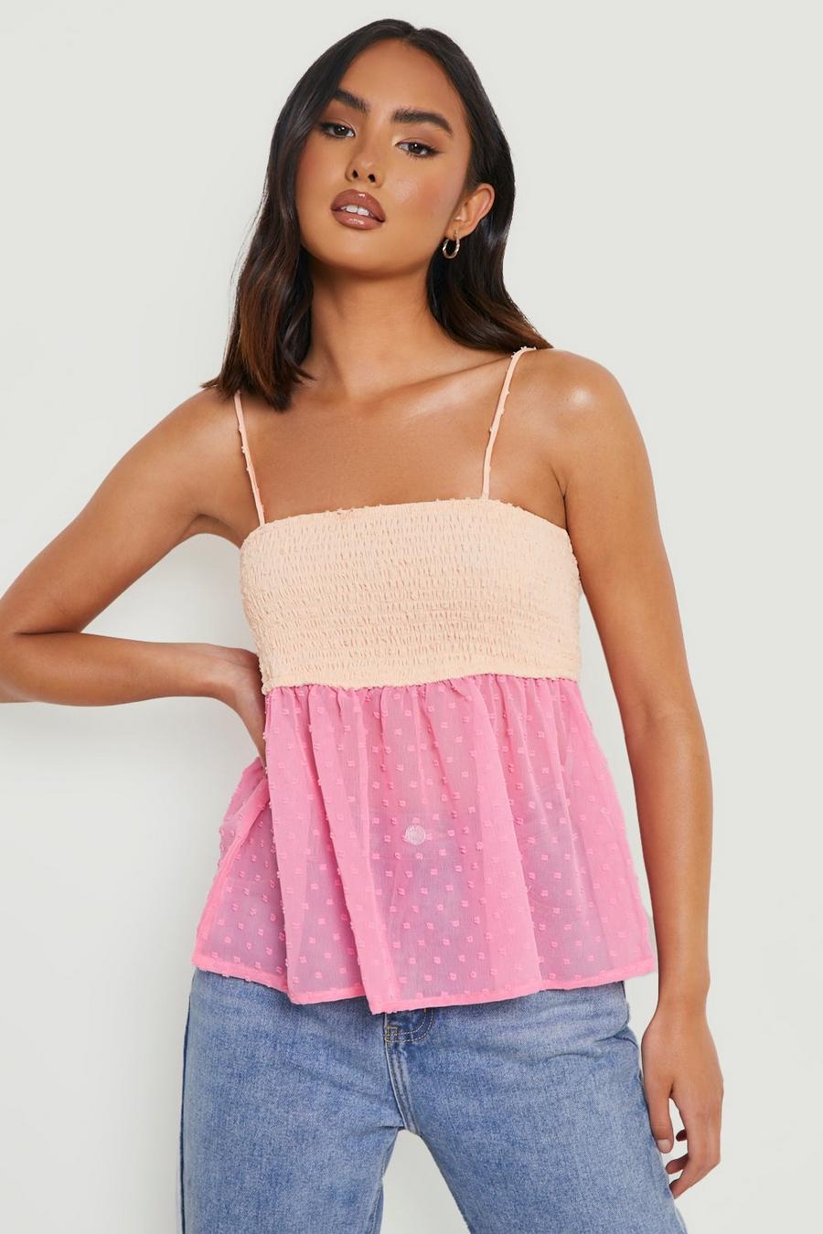 Pink Contrast Dobby Mesh Smock Top image number 1