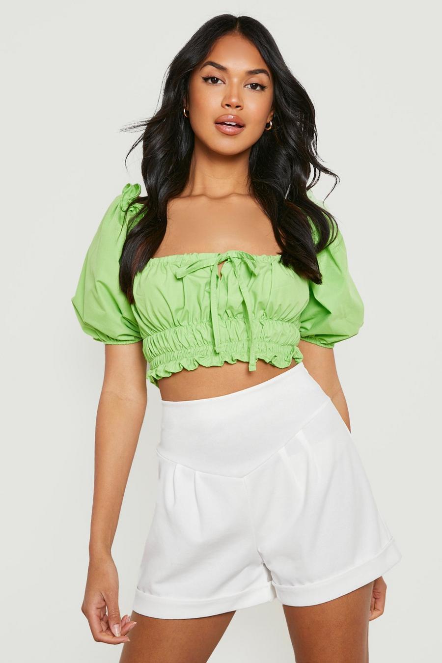 Lime Puff Sleeve Poplin Ruched Crop Top image number 1