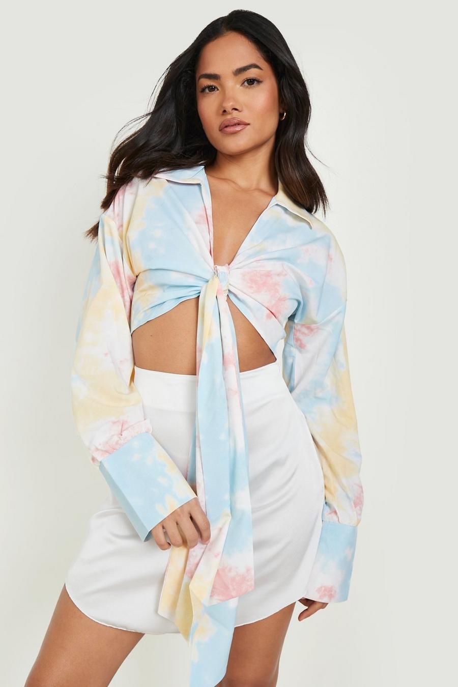 Multi Ombre Satin Tie Front Cropped Shirt