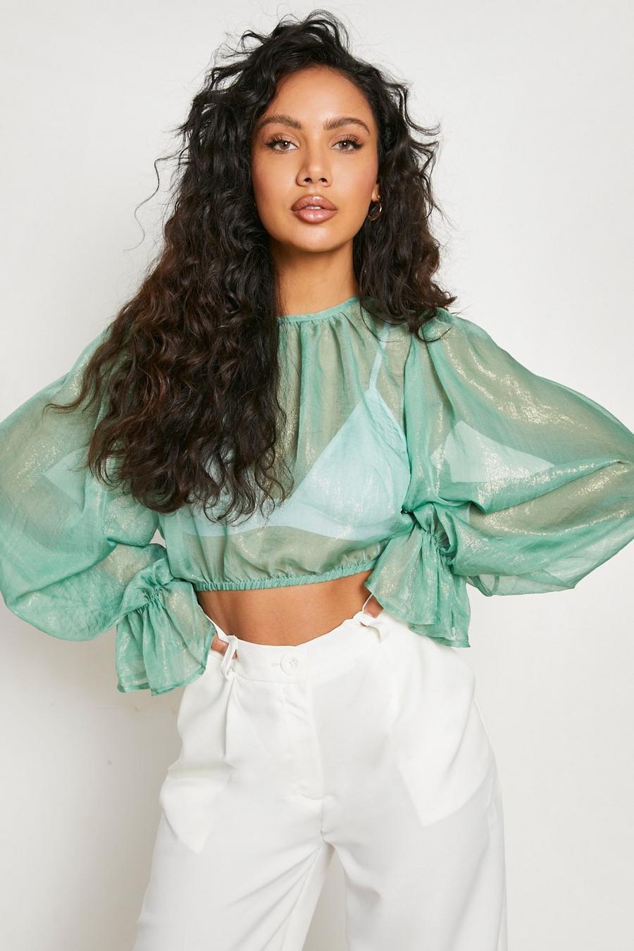 Green Glimmende Organza Crop Top Met Cut Out Rug image number 1